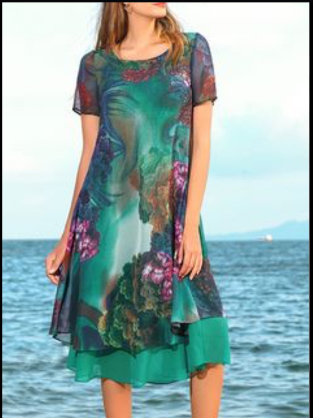 Floryday Floral Chiffon Dress with Short Sleeves Large Art to Wear